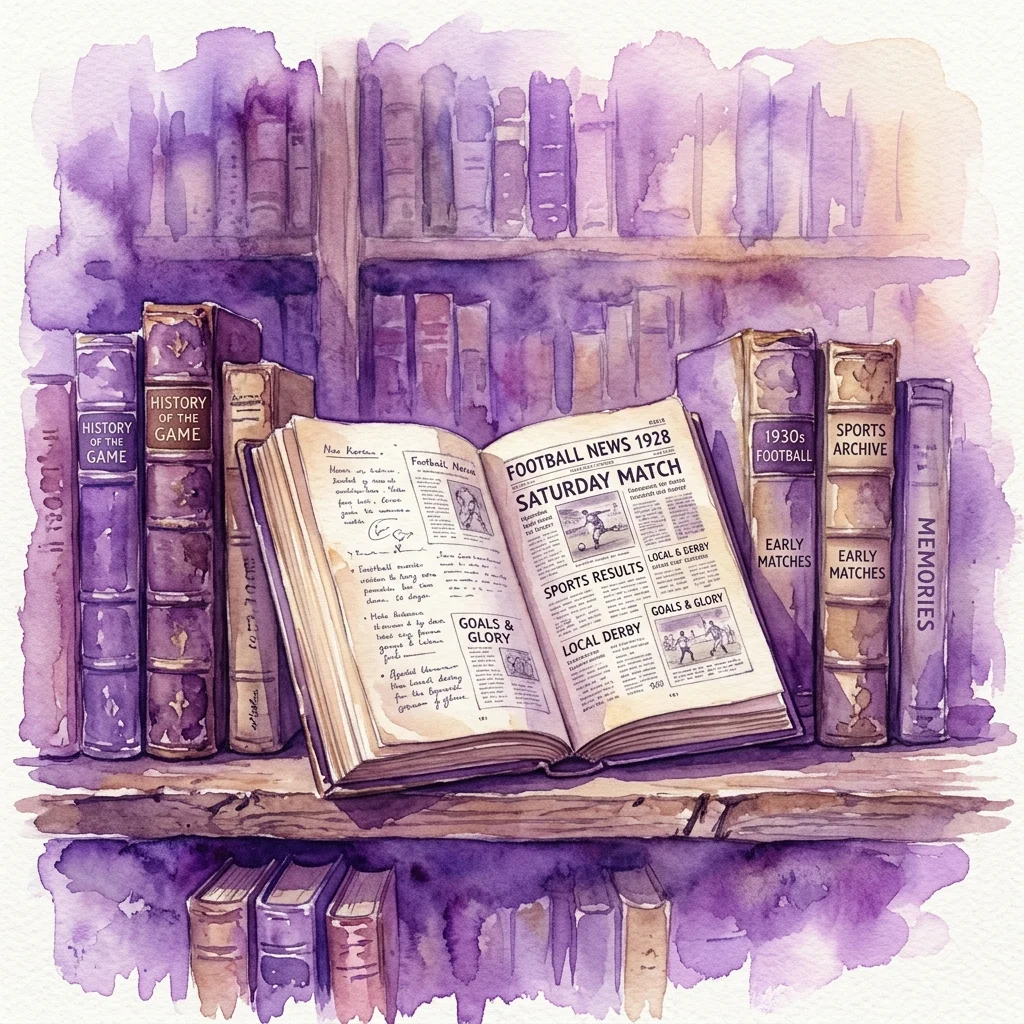 Una ilustración en acuarela de una estantería de madera con libros antiguos, incluido un libro abierto titulado 'Football News 1928' y otros etiquetados como 'History of the Game', '1930s Football' y 'Early Matches', que evoca un nostálgico archivo deportivo.