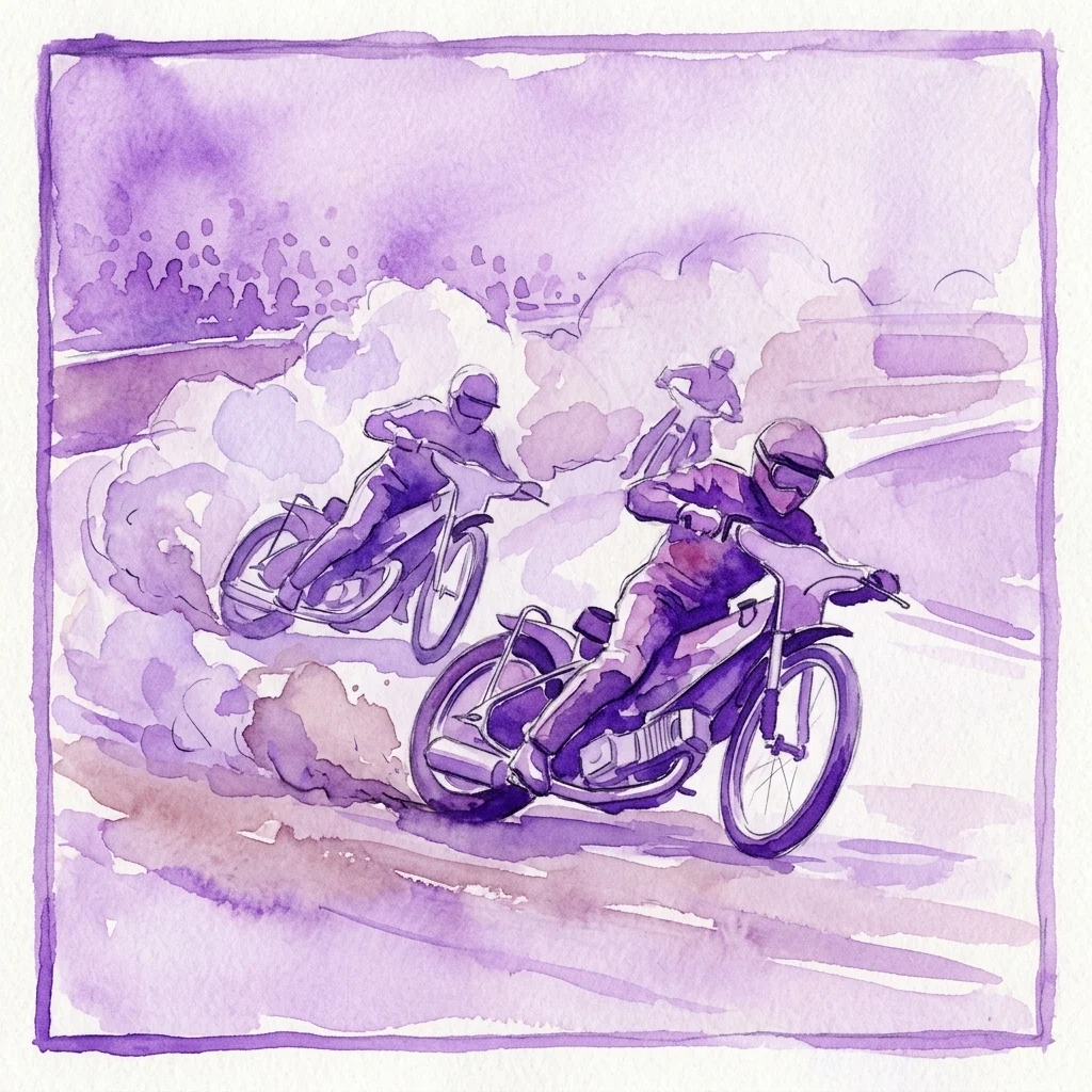 Una ilustración en acuarela de motocicletas de speedway vintage compitiendo en una pista de tierra, con los pilotos levantando polvo, representada en tonos púrpuras.