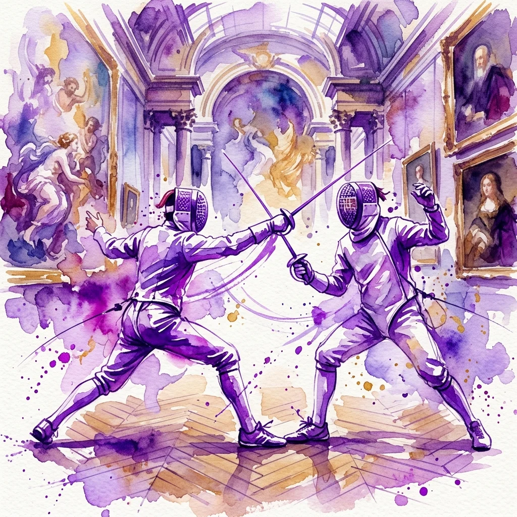 Una vibrante acuarela de un duelo de esgrima en una galería de museo, con dos esgrimidores en tonos morados y obras de arte clásicas al fondo, parte de la exposición 'Famous Duels in Pastishes' de Wojciech Zabłocki.