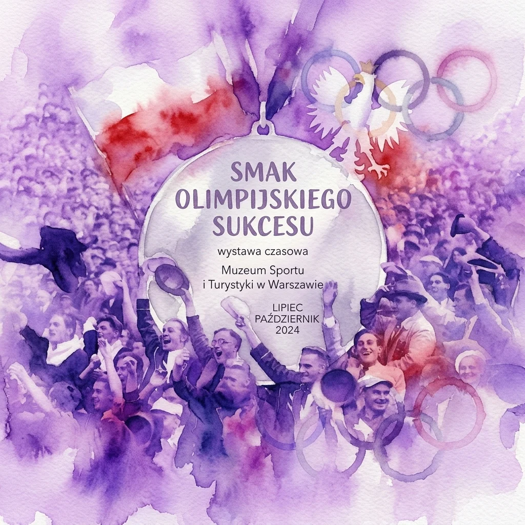 A watercolor illustration for the exhibition 'Smak Olimpijskiego Sukcesu' at the Museum of Sport and Tourism in Warsaw, featuring a crowd celebrating with Olympic rings and a Polish eagle.