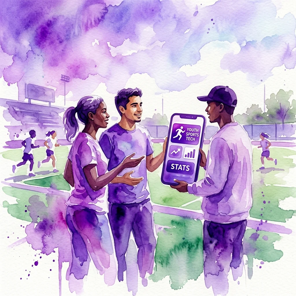Una ilustración en acuarela de tres personas discutiendo deportes juveniles, con una sosteniendo un smartphone que muestra 'Youth Sports Tech' y 'Stats' sobre un fondo de campo deportivo.