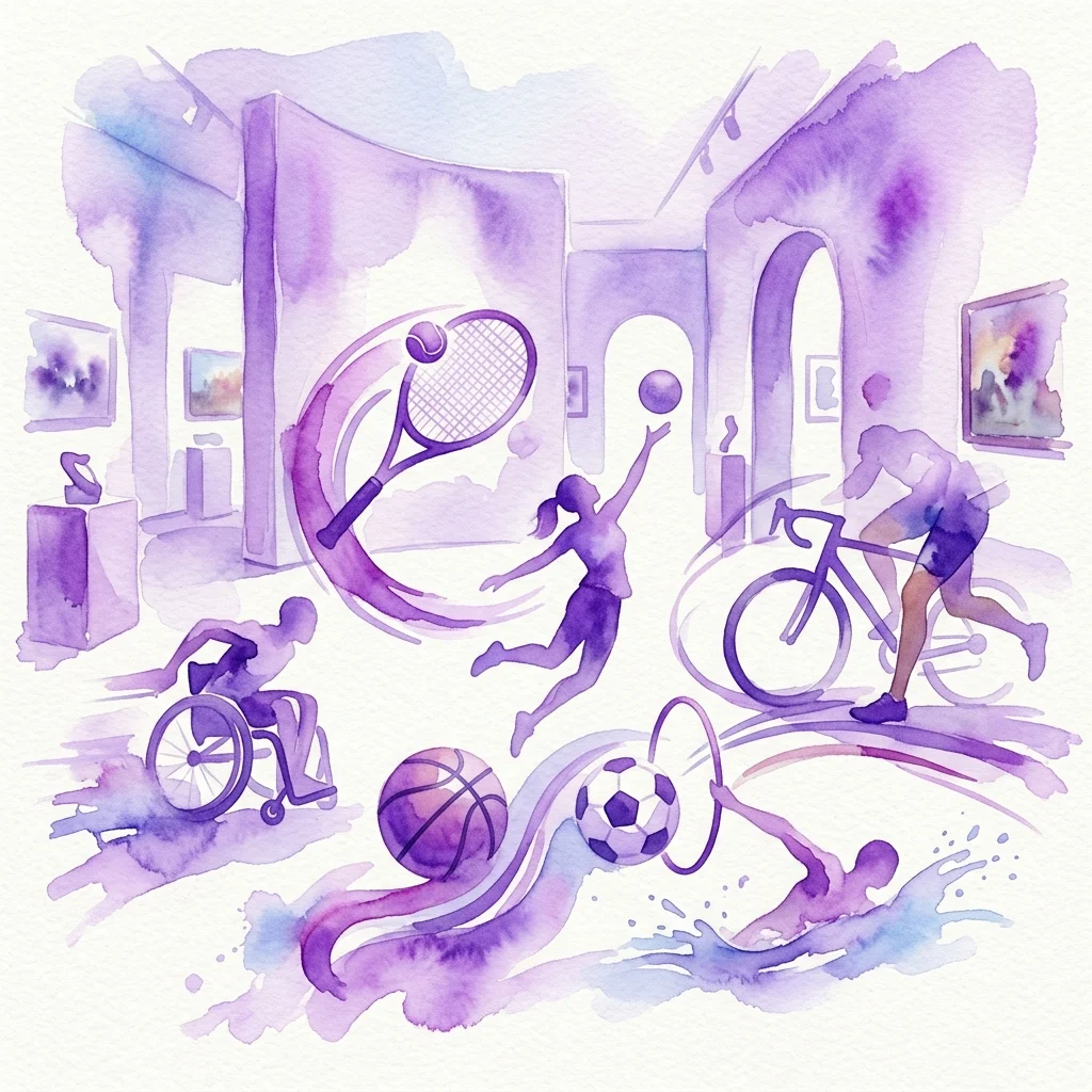 Ilustracja akwarelowa przedstawiająca różnorodnych sportowców, w tym osobę na wózku inwalidzkim, tenisistę, kolarza i pływaka, reprezentujących cykl wykładów 'Sport dla każdego' w galerii muzealnej.