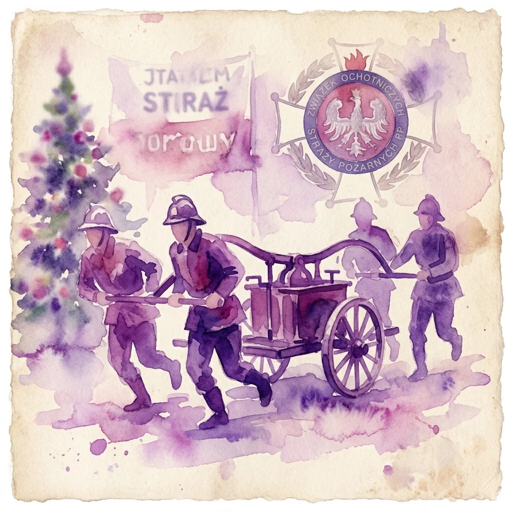Watercolor illustration of volunteer firefighters in uniform pulling a fire cart, with the Polish Volunteer Fire Brigades Association emblem and a Christmas tree in the background.