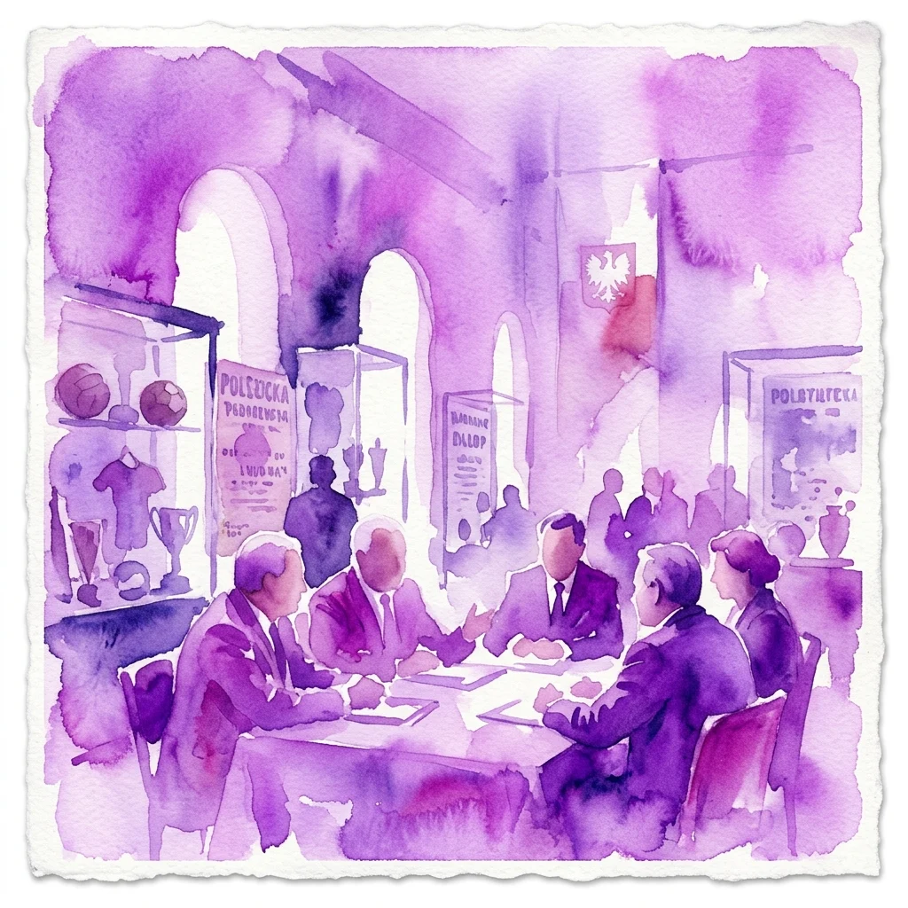 Waterverfillustratie van een historische conferentie over Poolse sporten aan de vooravond van de onafhankelijkheid, met wetenschappers aan een tafel met tentoonstellingen en een Pools adelaarembleem op de achtergrond.