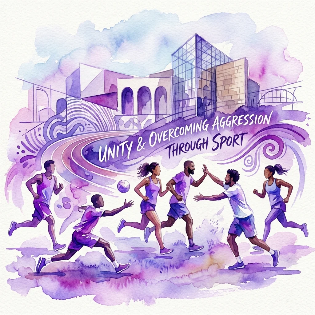 Watercolor illustration of diverse athletes in motion, with a modern building in the background and the text 'Unity & Overcoming Aggression Through Sport', promoting a museum exhibition.