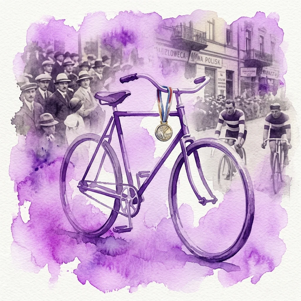 Una ilustración de acuarela morada de una bicicleta vintage con una medalla olímpica, sobre un fondo de fotos históricas en blanco y negro de la Polonia de entreguerras que muestran ciclistas y espectadores.