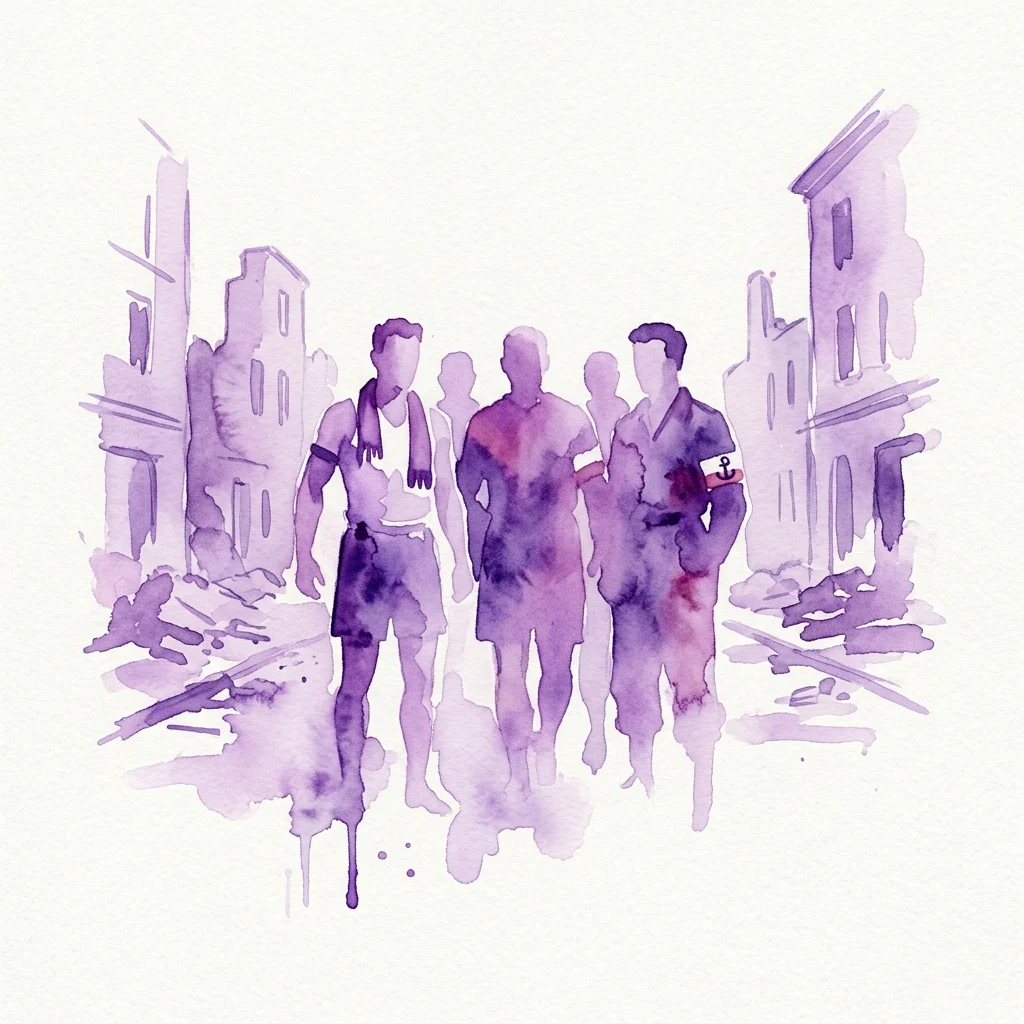 Watercolor illustration of athletes in wartime Warsaw, depicted in athletic wear and military uniforms, walking through a war-torn cityscape during the Warsaw Uprising.