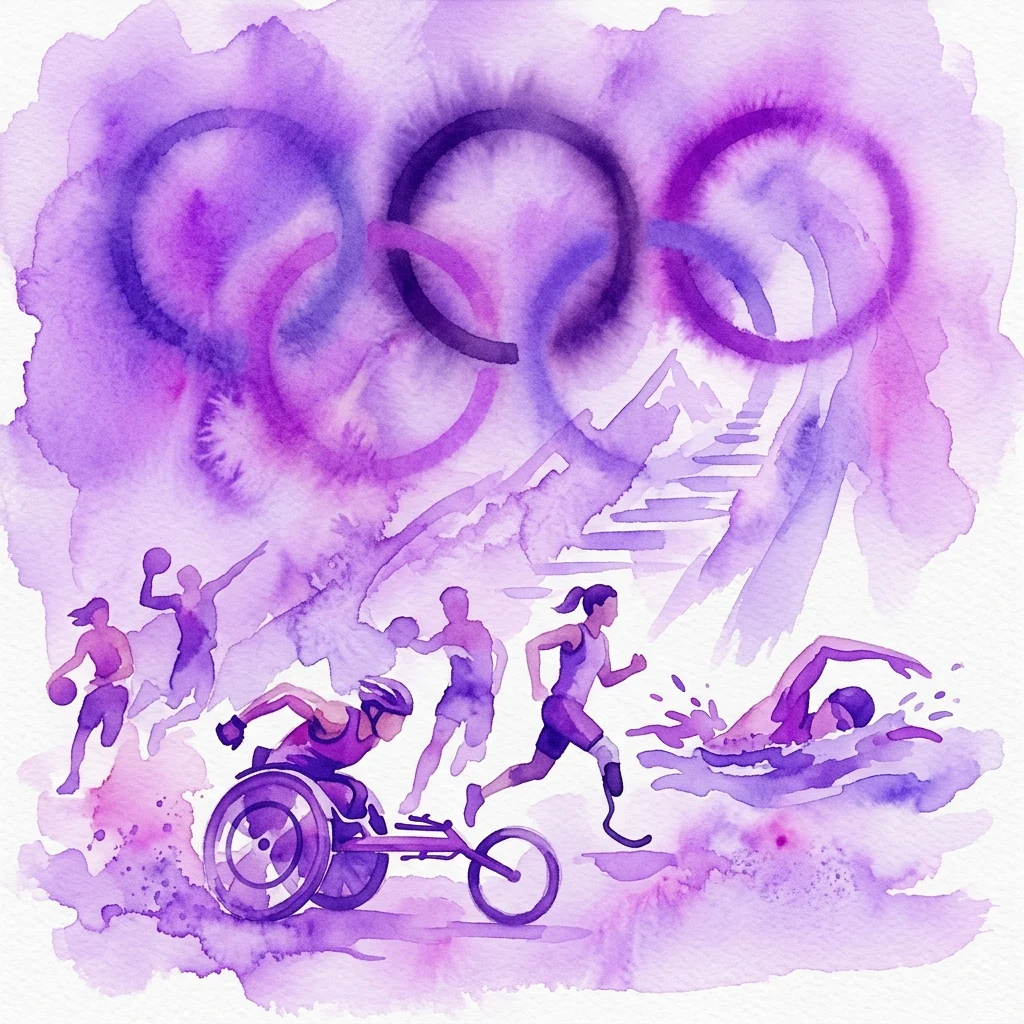 Ilustracja akwarelowa przedstawiająca sportowców z niepełnosprawnościami rywalizujących w różnych dyscyplinach olimpijskich, w tym w wyścigach na wózkach, bieganiu, pływaniu i koszykówce, z pierścieniami olimpijskimi w tle.