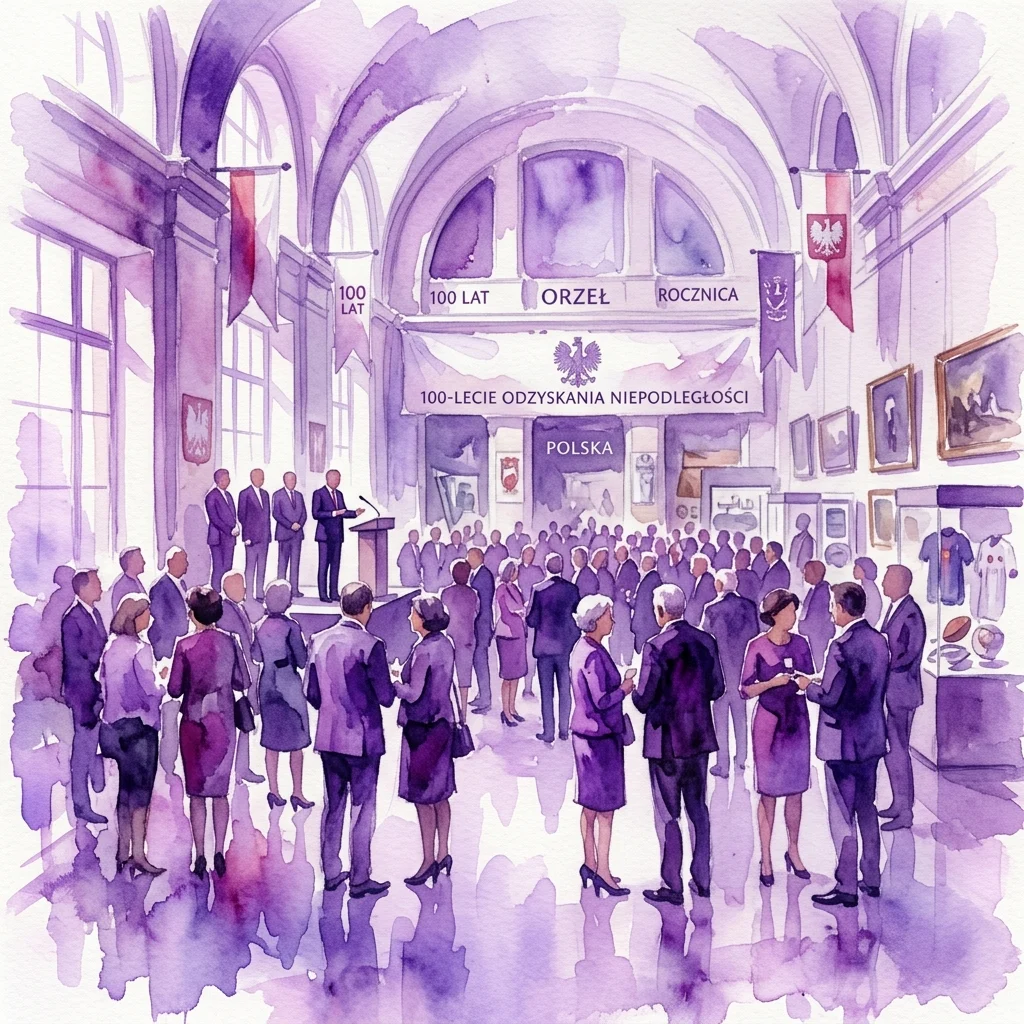Una ilustración en acuarela de una reunión formal en un salón de museo, con asistentes escuchando a un orador en un podio. Pancartas conmemoran el centenario de la independencia de Polonia y el 150 aniversario del nacimiento de Józef Piłsudski.