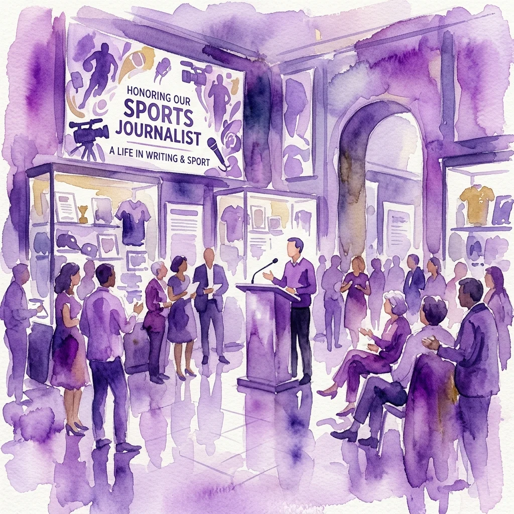 Ilustración en acuarela de un evento conmemorativo en honor al periodista deportivo Dr. Bogdan Tuszyński, con un orador en un podio, asistentes y una exposición con memorabilia deportiva y materiales de archivo.