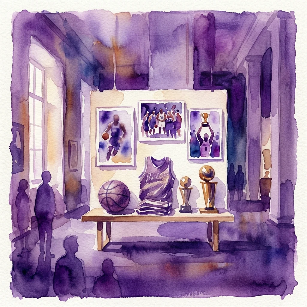 Una ilustración en acuarela de una exposición de museo en honor a Witold Zagórski, que presenta un balón de baloncesto, una camiseta, trofeos y fotografías enmarcadas de su carrera de baloncesto, con visitantes observando en una galería teñida de púrpura.