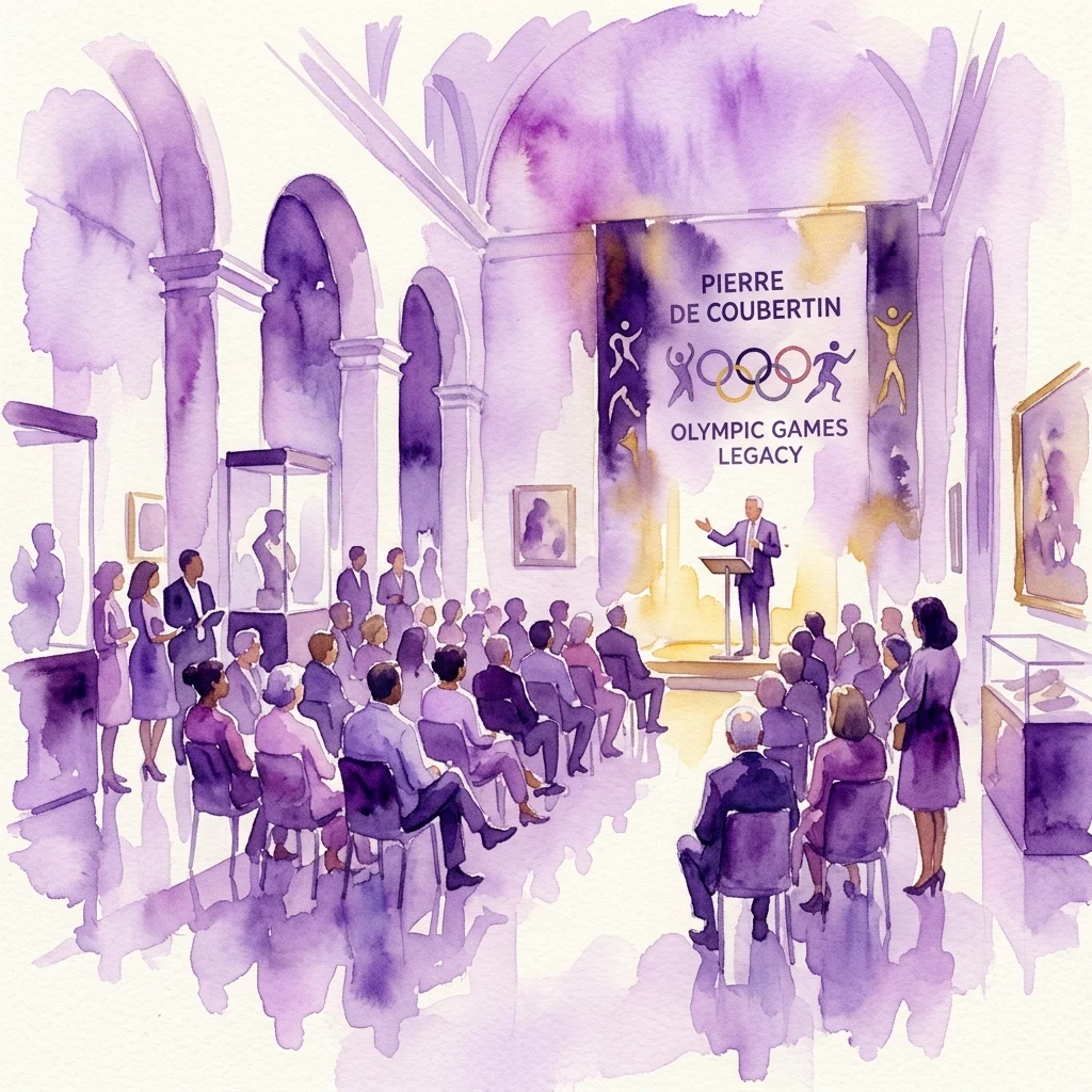 Een aquarelillustratie van een formele gebeurtenis ter herdenking van de 150e verjaardag van de geboorte van Pierre de Coubertin, met een spreker op een podium die een publiek toespreekt in een museumsetting.