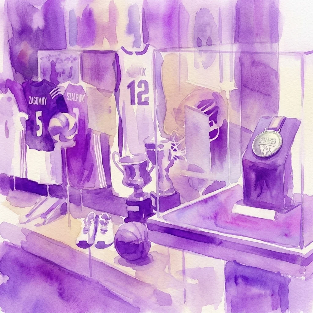 Waterverfillustratie van een museumvitrine met een zilveren medaille van het Wereldkampioenschap Volleybal 2022, volleybalshirts en trofeeën.