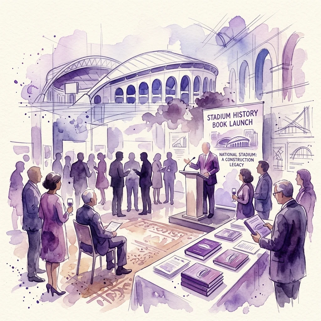 Ilustracja akwarelowa wydarzenia premierowego książki „Historia Stadionu: Stadion Narodowy – Dziedzictwo Budowlane” w Muzeum Sportu i Turystyki, przedstawiająca mówcę przy mównicy z gośćmi i wystawionymi egzemplarzami książki.