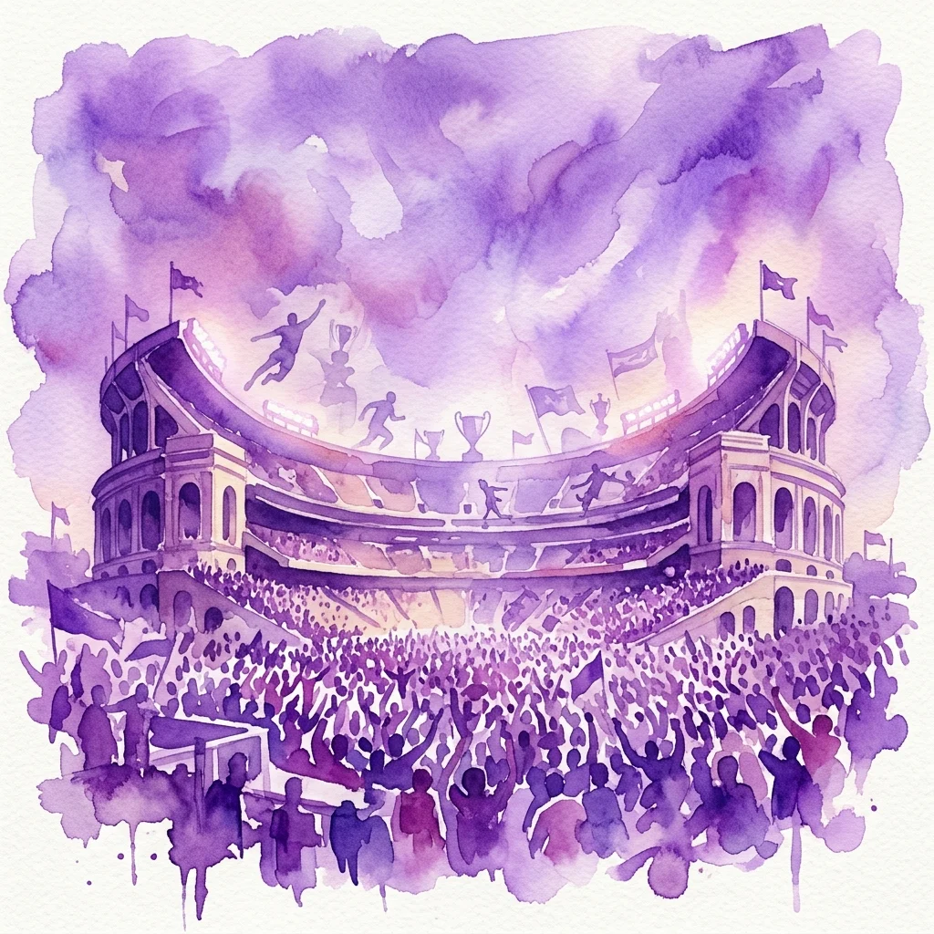 Ilustracja akwarelowa Stadionu Śląskiego, przedstawiająca tętniącą życiem publiczność, świętujących sportowców i trofea, przywołująca legendarną historię stadionu i kultowe wydarzenia.