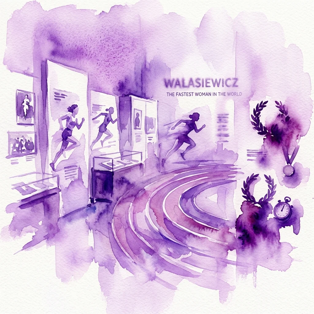 Ilustración en acuarela de una exposición de museo que presenta a Stanisława Walasiewicz, la mujer más rápida del mundo, con siluetas de corredoras, medallas y un diseño de pista en tonos púrpuras.