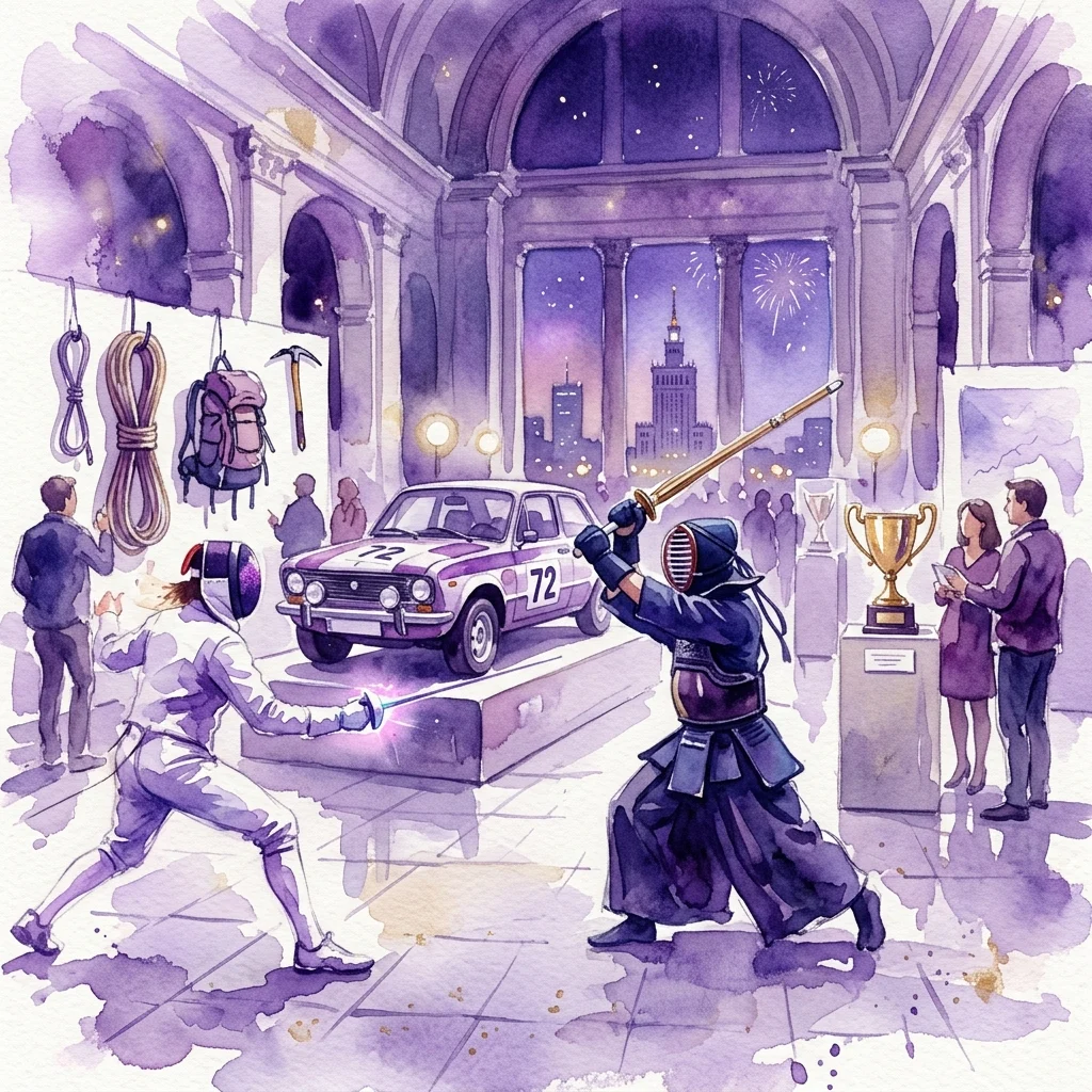 Ilustracja akwarelowa nocnego wydarzenia w muzeum przedstawiającego mecz szermierczy, pokaz Kendo, zabytkowy samochód rajdowy, trofeum i sprzęt do wspinaczki górskiej, z panoramą Warszawy widoczną przez okna.