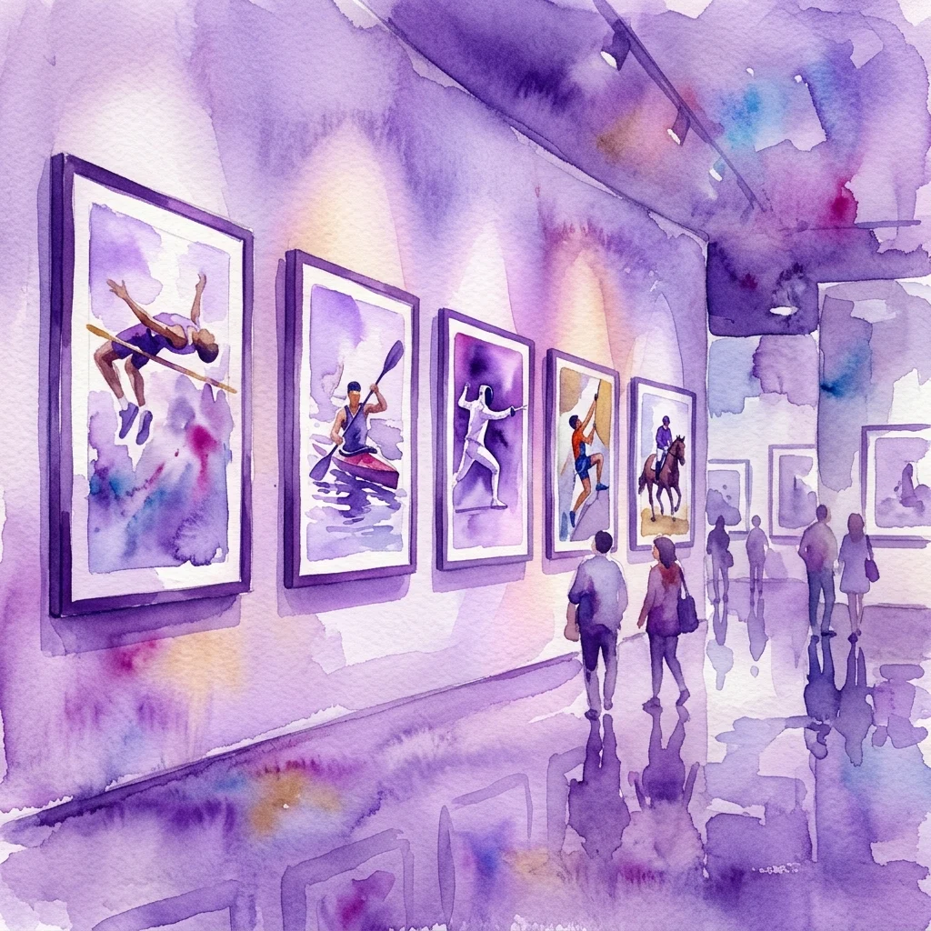 Una ilustración en acuarela de una galería de museo que presenta fotografías enmarcadas de atletas en acción, que incluyen un saltador de pértiga, un kayakista, un esgrimista, un escalador y un ecuestre, con visitantes observando la exposición bajo una iluminación dramática.