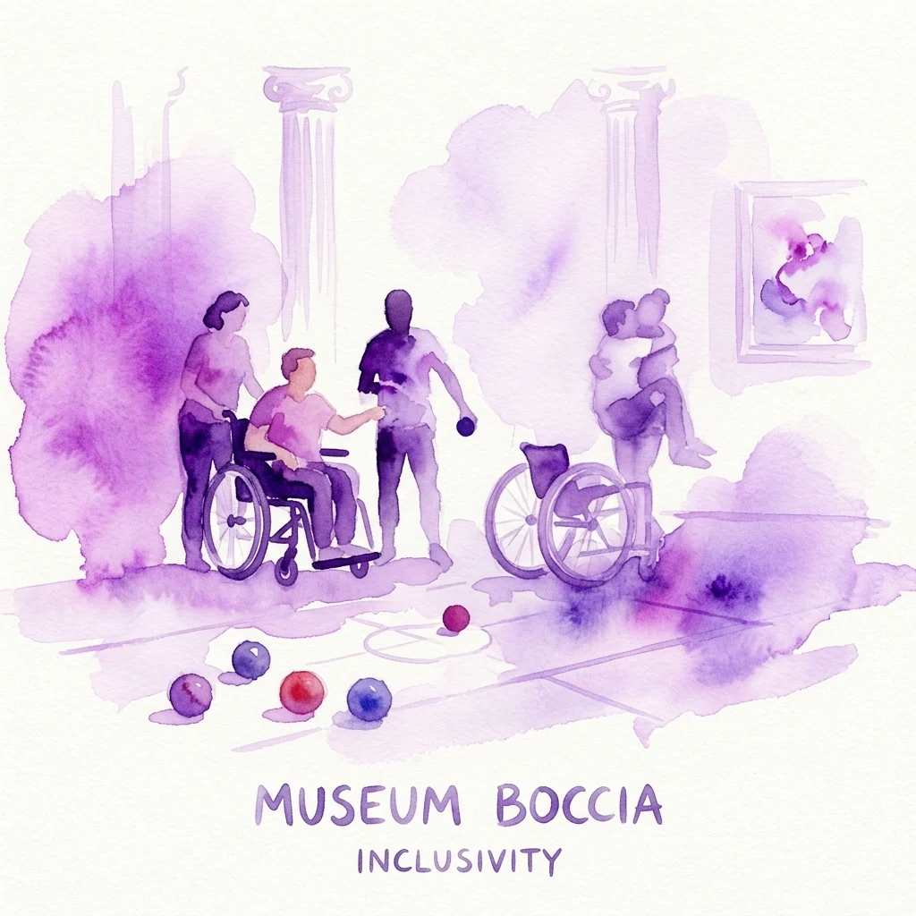 Waterverfillustratie van mensen met een handicap die deelnemen aan een Boccia-spel in een museum, met de tekst 'Museum Boccia Inclusivity' en paarse artistieke elementen.