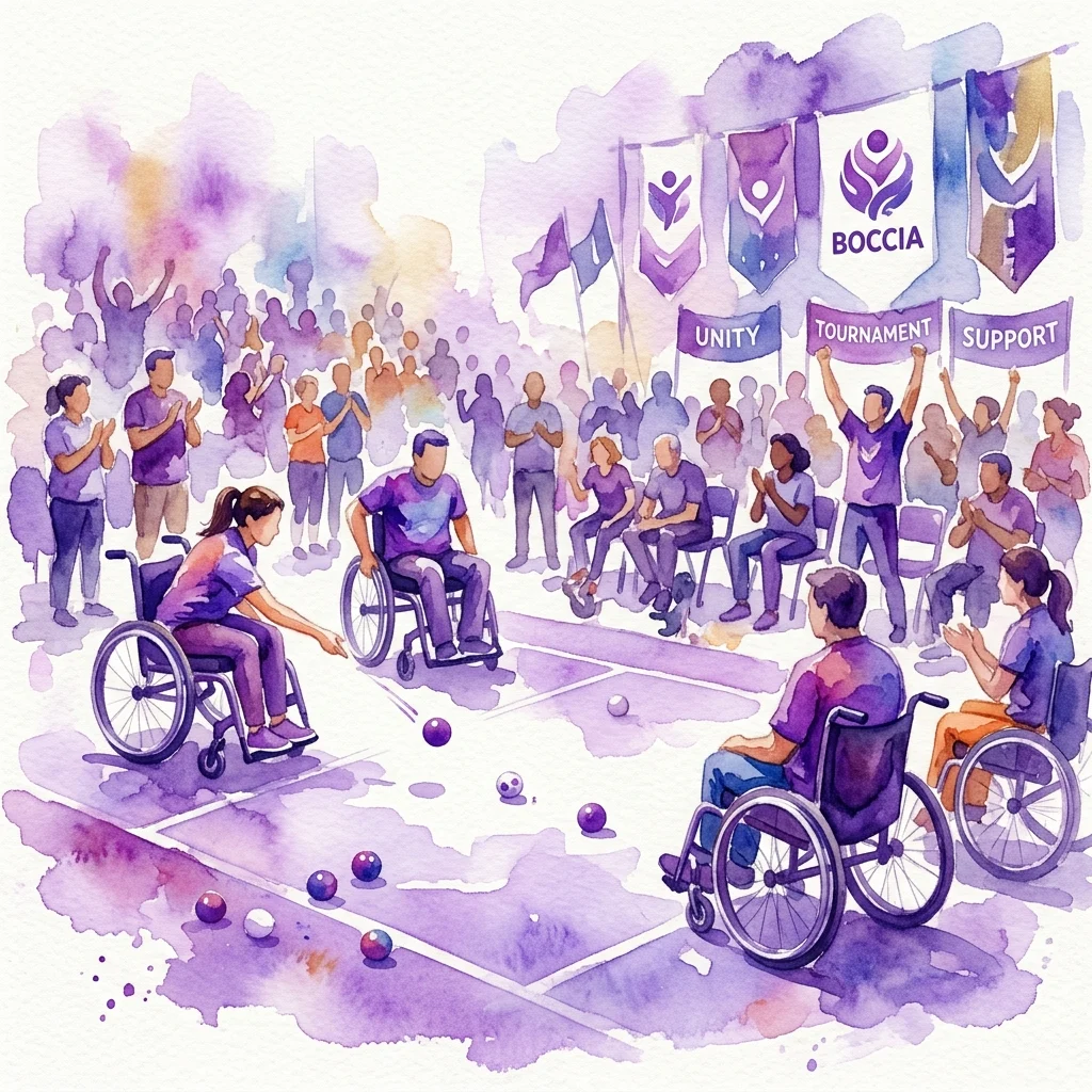 A watercolor illustration of a Boccia tournament for individuals with disabilities, featuring players in wheelchairs competing on a court with spectators cheering, banners reading "Boccia," "Unity," "Tournament," and "Support" in the background.