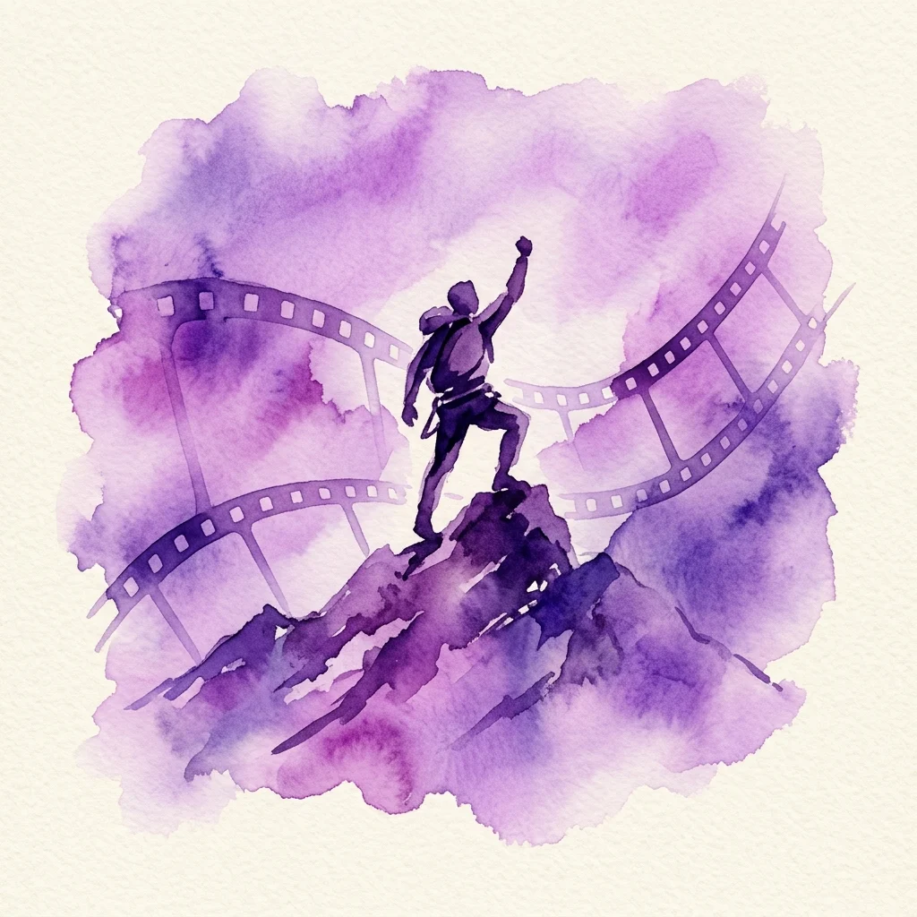 Ilustracja akwarelowa wspinacza na szczycie góry z rolkami filmu w tle, symbolizująca Festiwal Filmów Alpejskich.