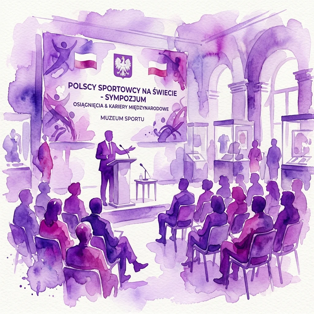 Ilustración en acuarela de un simposio titulado 'Polscy Sportowcy na Świecie' en el Museo del Deporte, con un orador en un podio dirigiéndose a una audiencia en un entorno de galería con vitrinas.