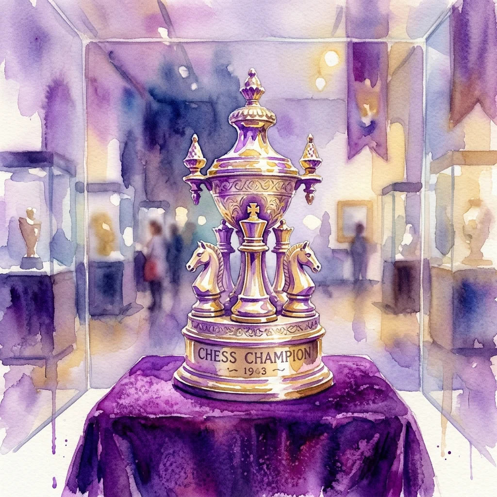 Złote trofeum szachowe z figurami szachowymi u podstawy, wyeksponowane w gablocie muzealnej na fioletowym aksamicie, z rozmytym tłem galerii.