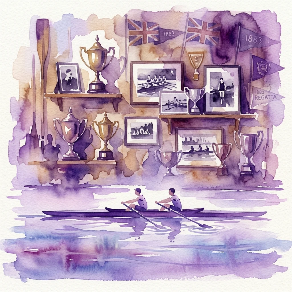 Una ilustración en acuarela de una barca de remos en un río con dos remeros, sobre un fondo de estanterías que exhiben trofeos, fotografías enmarcadas y banderas de la Regata de 1883, evocando la historia del remo polaco.