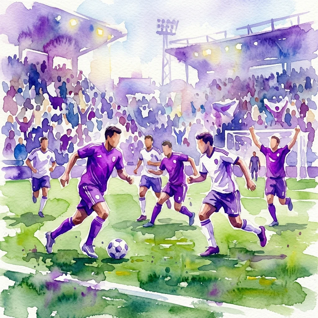 Waterverfillustratie van een voetbalwedstrijd met spelers in paarse en witte tenues die strijden op een groen veld, toeschouwers die juichen op de tribunes, en stadionverlichting zichtbaar op de achtergrond.