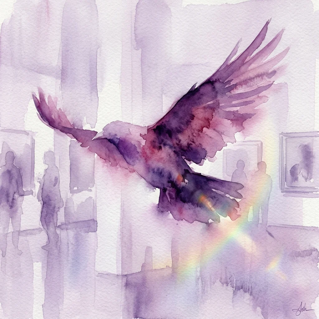 Una acuarela de un pájaro en vuelo con las alas extendidas, sobre un fondo de galería borroso con visitantes y obras de arte, con un sutil destello de lente de arcoíris.