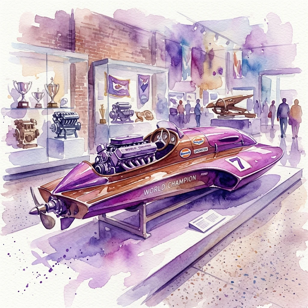 Una lancha de carreras vintage de color morado y marrón, etiquetada como 'World Champion' y con el número 7, expuesta en una galería de museo con trofeos y motores al fondo.