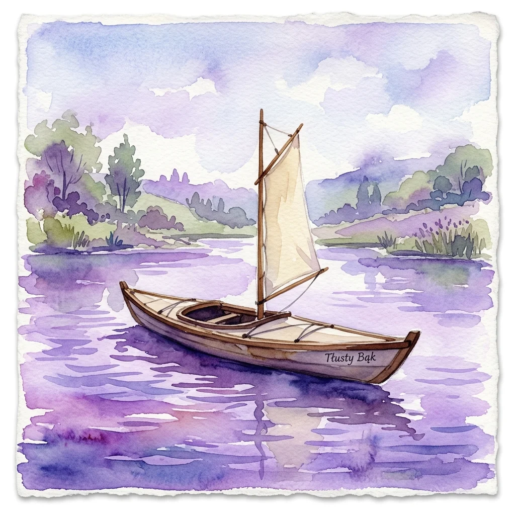 Aquarel van een houten kajak genaamd 'Tłusty Bąk' met een zeil, drijvend op kalm water met een sereen landschap op de achtergrond.