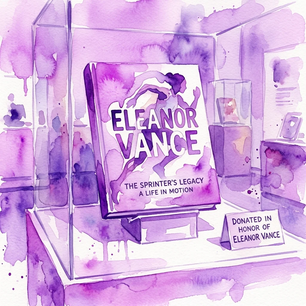 A watercolor illustration of a book titled 'Eleanor Vance: The Sprinter's Legacy – A Life in Motion' displayed in a glass case, with a plaque indicating it was donated in honor of Eleanor Vance.