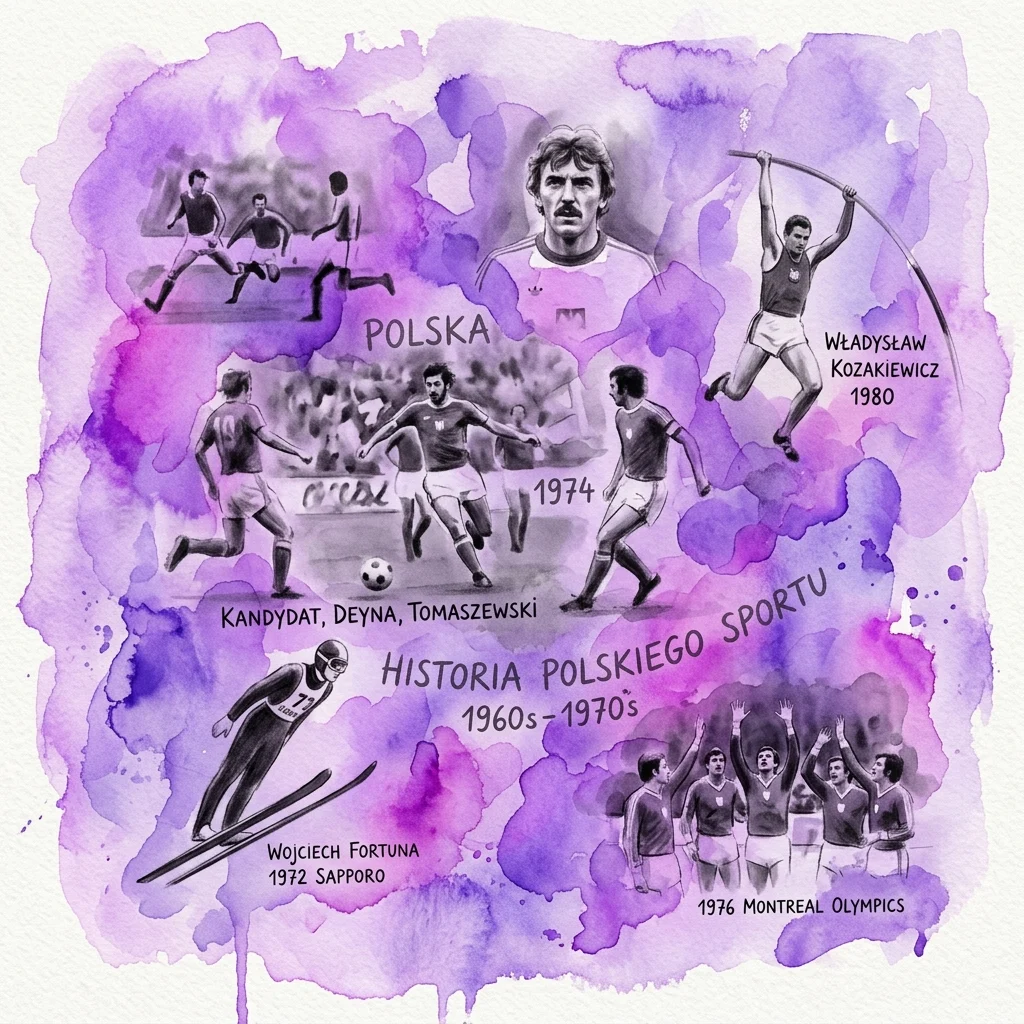 Ilustracja akwarelowa z czarno-białymi zdjęciami sportowymi z lat 60. i 70. XX wieku, przedstawiająca sportowców takich jak Władysław Kozakiewicz, Wojciech Fortuna i polscy piłkarze, z tekstem podkreślającym 'Historia Polskiego Sportu' i kluczowe wydarzenia, takie jak Igrzyska Olimpijskie w Montrealu w 1976 roku.