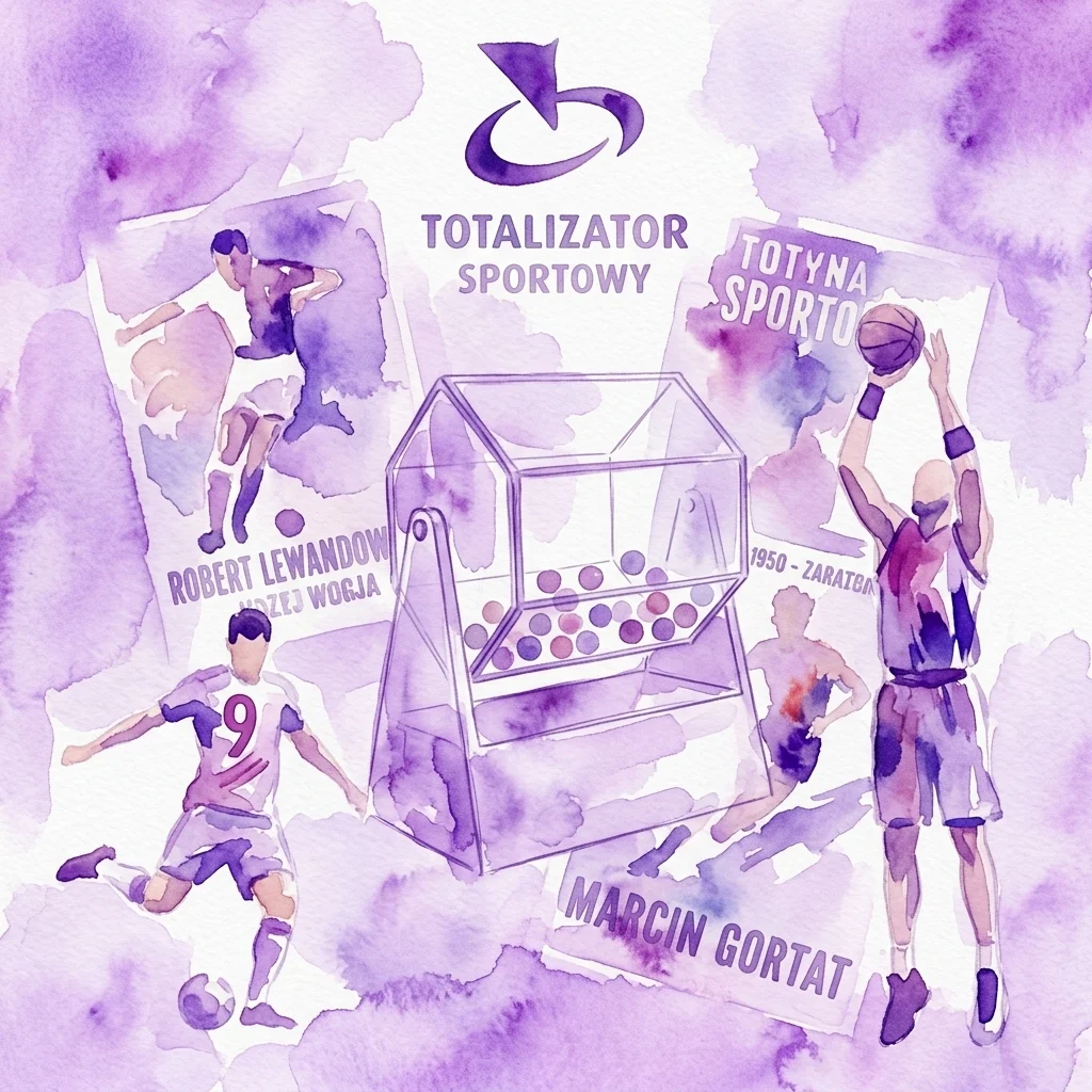 Watercolor illustration of the Totalizator Sportowy exhibition, featuring a replica lottery machine, Polish athletes Robert Lewandowski and Marcin Gortat, and vintage sports posters celebrating 70 years of sports support.