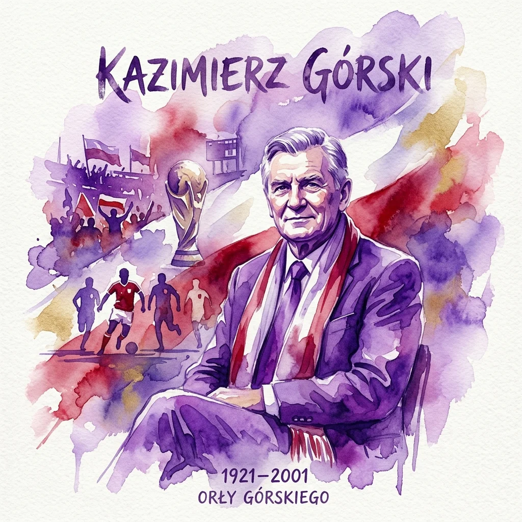 Watercolor portrait of Kazimierz Górski, a Polish football coach, with his name and lifespan (1921-2001) displayed, surrounded by football imagery and Polish colors.