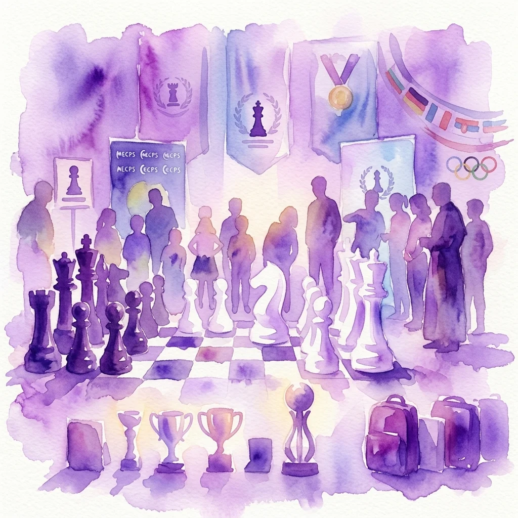 Ilustracja akwarelowa turnieju szachowego dla dzieci i młodzieży, przedstawiająca szachownice, trofea i sylwetki uczestników, z banerami i pierścieniami olimpijskimi w tle.