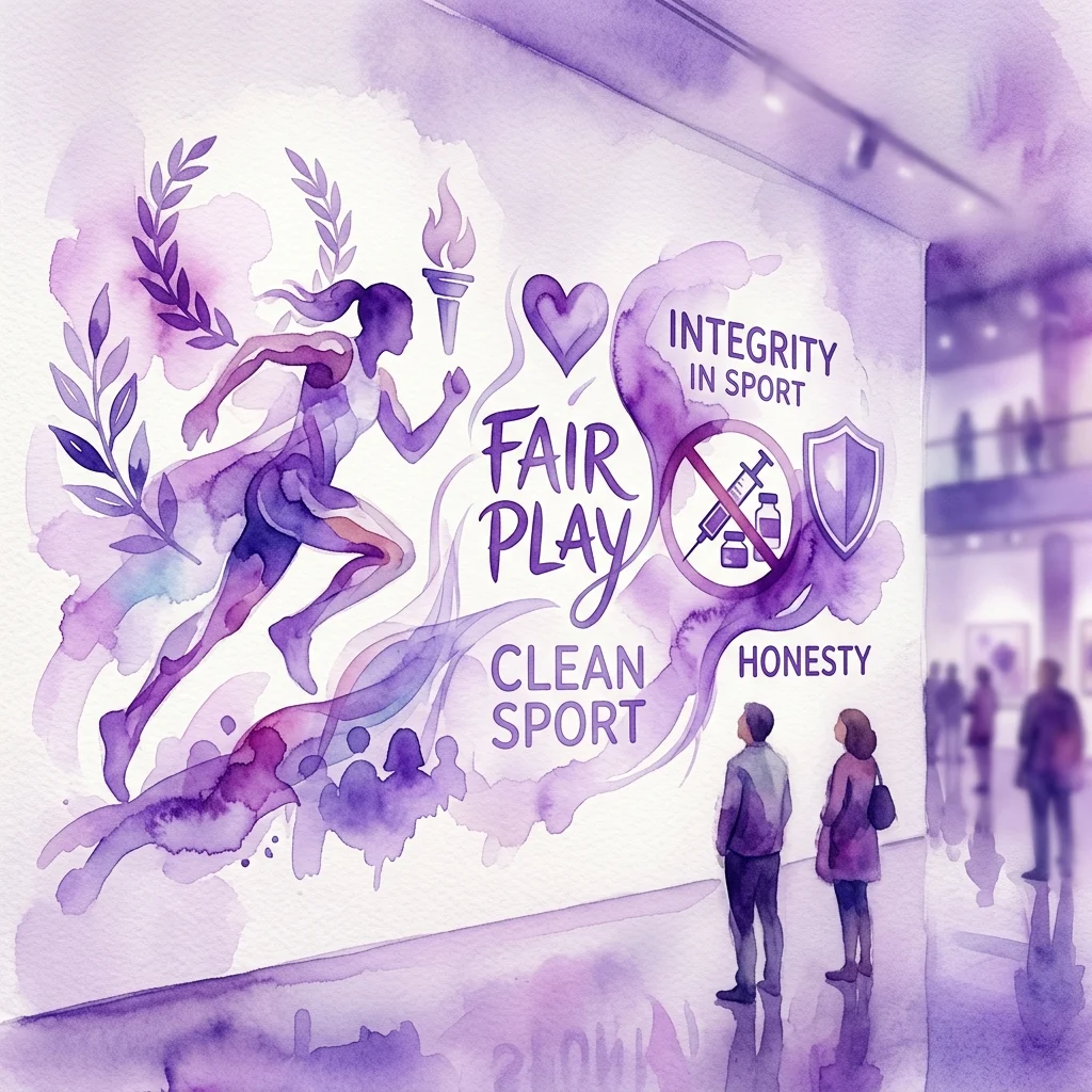 Un mural estilo acuarela en una galería de museo que representa a un corredor con ramas de laurel, una antorcha y texto promoviendo el juego limpio, el deporte limpio, la integridad en el deporte y la honestidad, con visitantes observando la obra de arte.