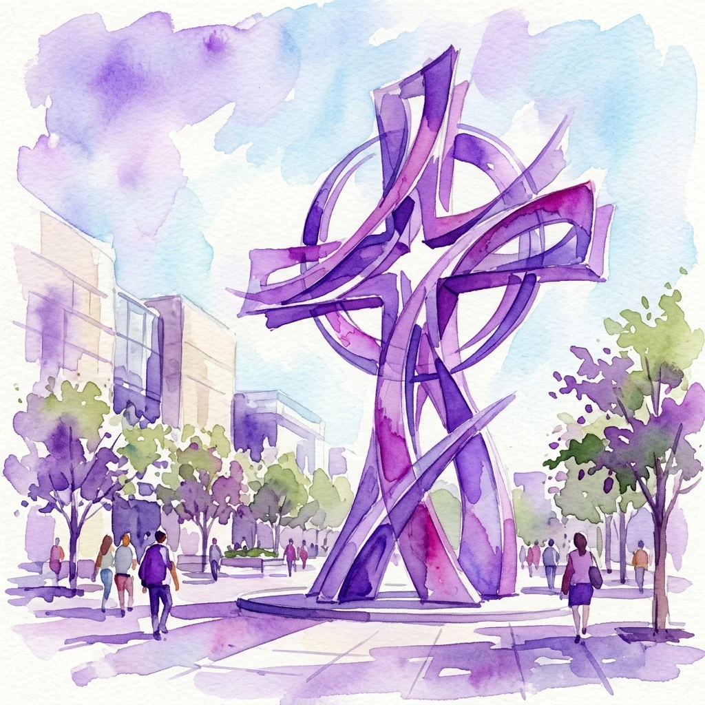 A watercolor rendering of the outdoor sculpture 'Cross' by Edward Łagowski, featuring abstract purple and pink metallic forms in a public urban space with people walking nearby.