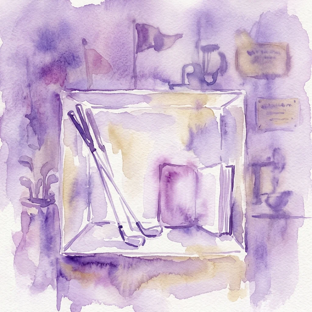 Ilustracja akwarelowa gabloty zawierającej zabytkowe kije golfowe i książkę, przedstawiająca otwarcie wystawy 'Polski Golf' w muzeum.
