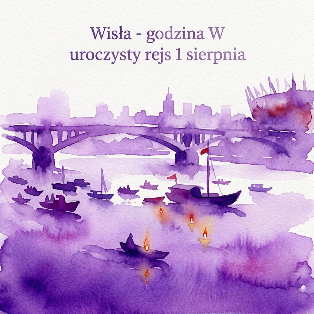 Een paarse aquarelillustratie van een ceremoniële botenstoet op de Wisła in Warschau, met boten die kaarsen dragen en een stadsgezicht op de achtergrond, ter herdenking van het evenement op 1 augustus.