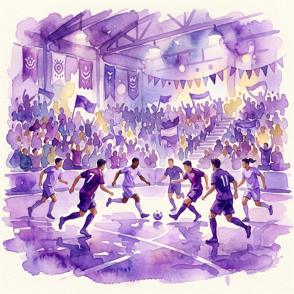 Una ilustración en acuarela de un partido de fútbol durante el VI Piłkarskie Mistrzostwa Instytucji Kultury, con jugadores con equipaciones moradas y blancas compitiendo en un campo con una multitud animando y pancartas de instituciones culturales al fondo.