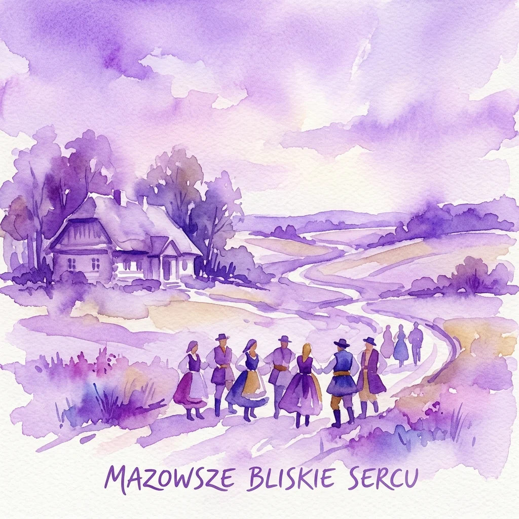 A watercolor illustration of people in traditional Mazovian attire walking along a winding path through a rural landscape with a house and trees, under a purple sky, with the text 'MAZOWSZE BLISKIE SERCU' at the bottom.