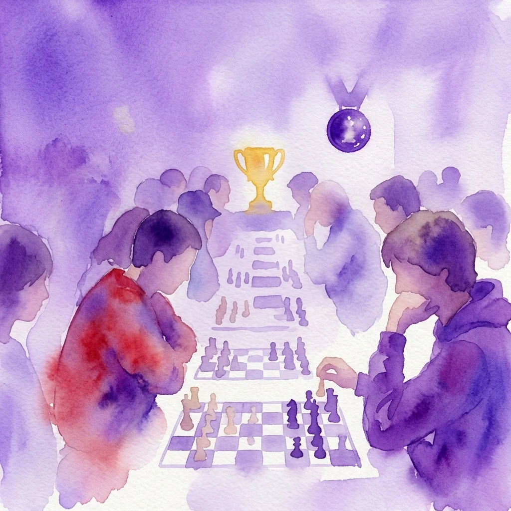 Waterverfillustratie van een schaaktoernooi met spelers die zich op hun partijen concentreren, een gouden trofee en een medaille op de achtergrond, ter symbolisering van de VIII Mazovië Kampioenschappen in Snelschaak.