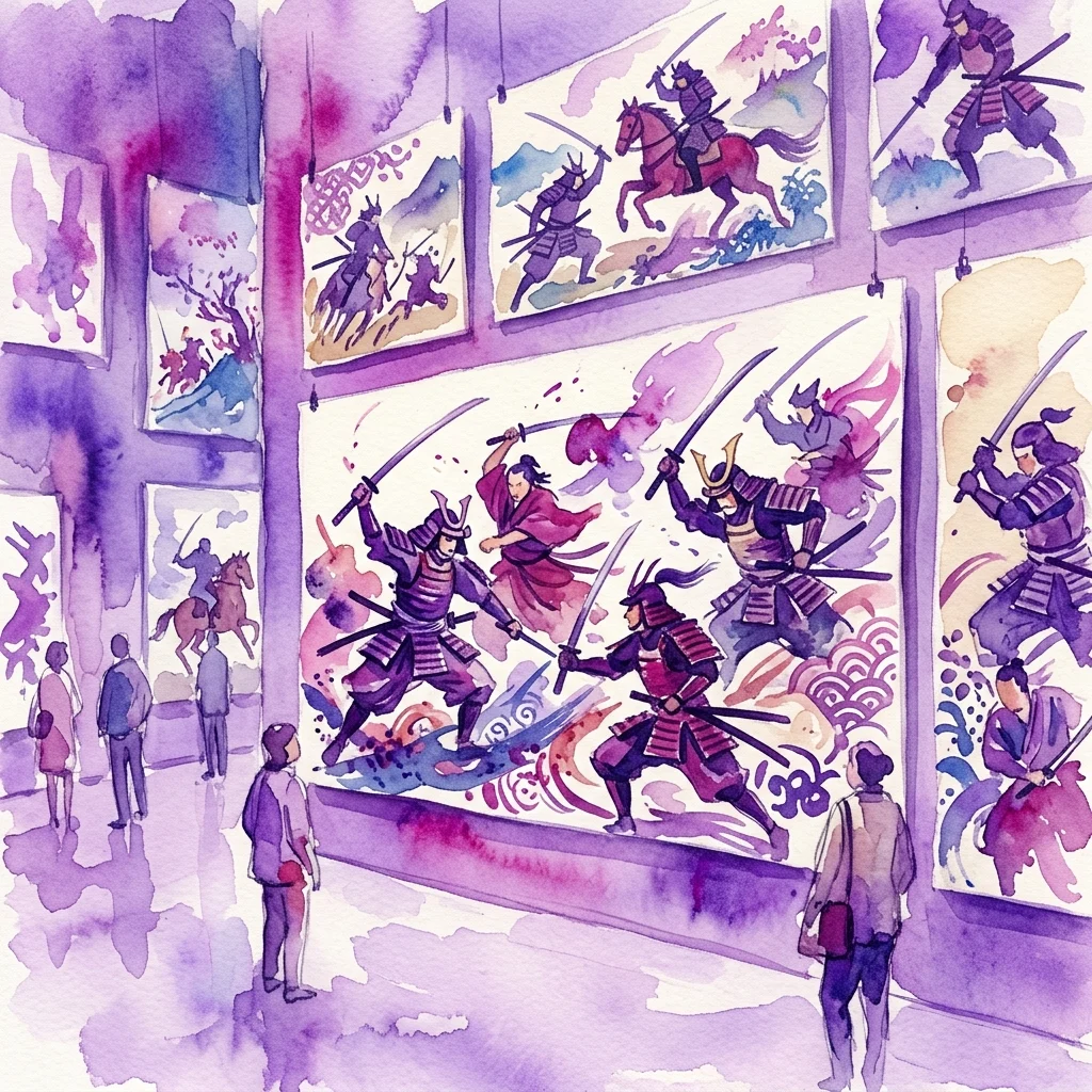 An exhibition display featuring large watercolor paintings of samurai warriors in combat, inspired by ukiyo-e woodblock prints, with visitors observing the artwork in a gallery setting.