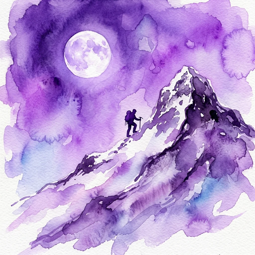A watercolor illustration of a climber ascending a snow-covered mountain peak under a full moon, rendered in purple and blue hues.