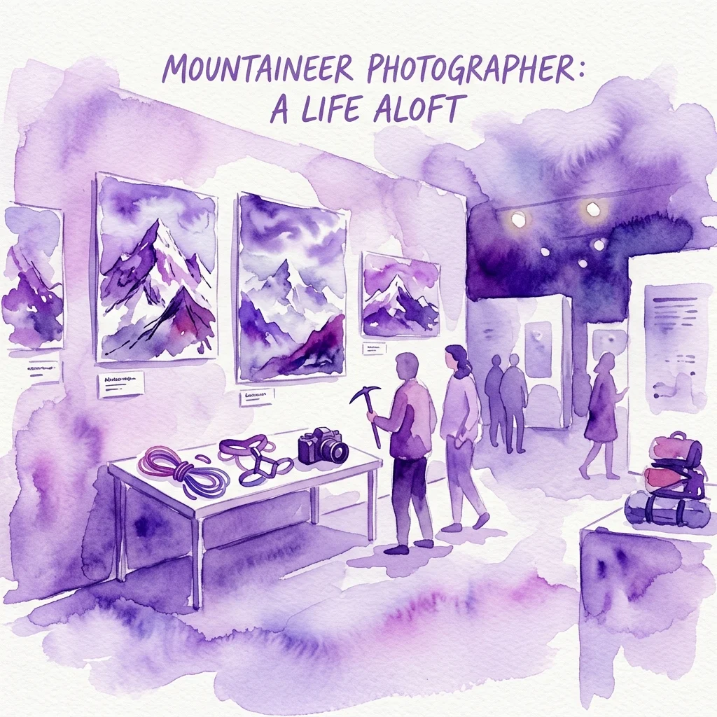 Ilustracja akwarelowa wystawy zatytułowanej 'Mountaineer Photographer: A Life Aloft', prezentująca obrazy górskich krajobrazów, sprzęt wspinaczkowy, aparat fotograficzny oraz zwiedzających oglądających ekspozycję.