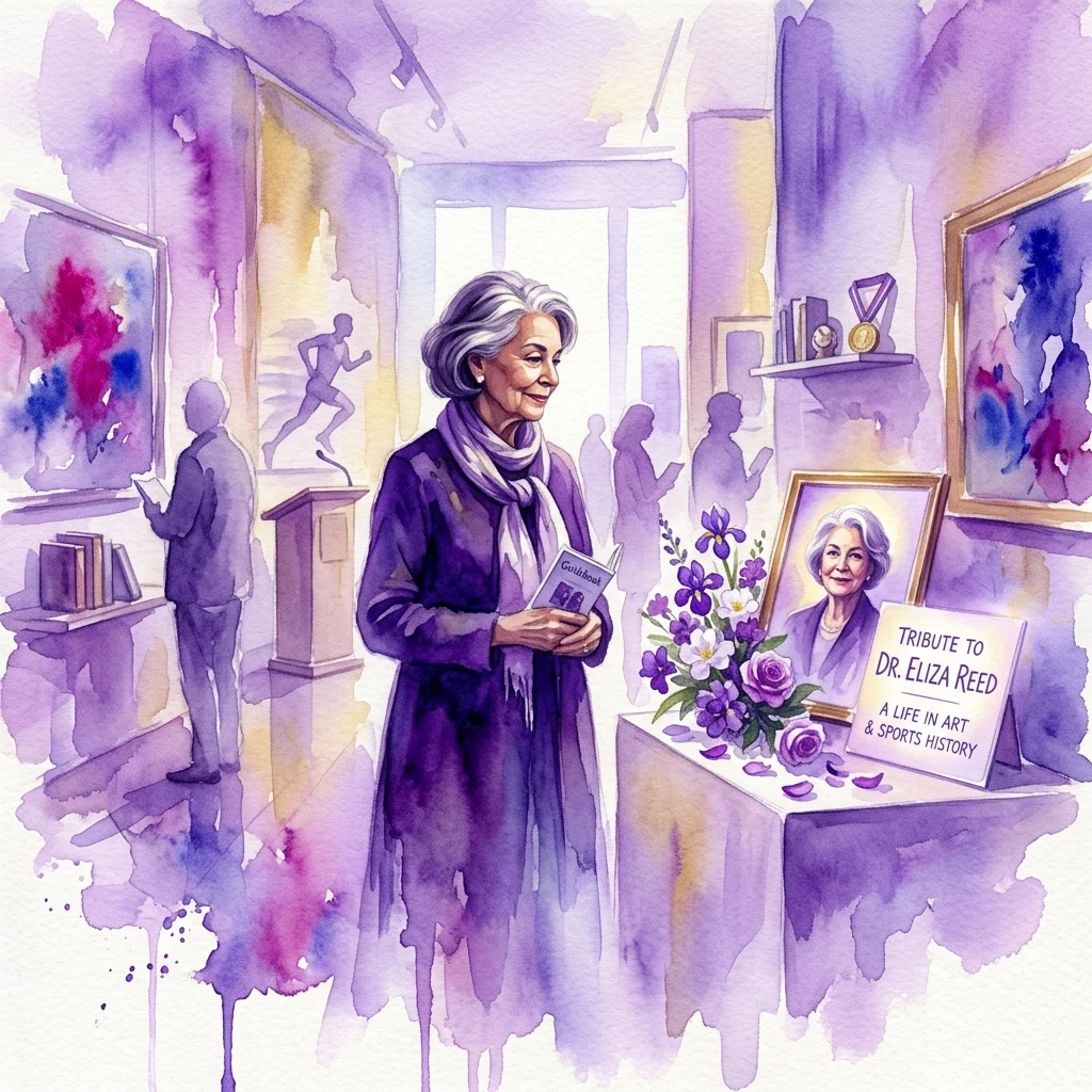 Ilustracja akwarelowa kobiety w fioletowym płaszczu i szaliku, trzymającej książkę w galerii muzealnej. Widoczny jest wystawiony hołd z oprawionym portretem, kwiatami i napisem 'Hołd dla Dr. Elizy Reed: Życie w historii sztuki i sportu'.