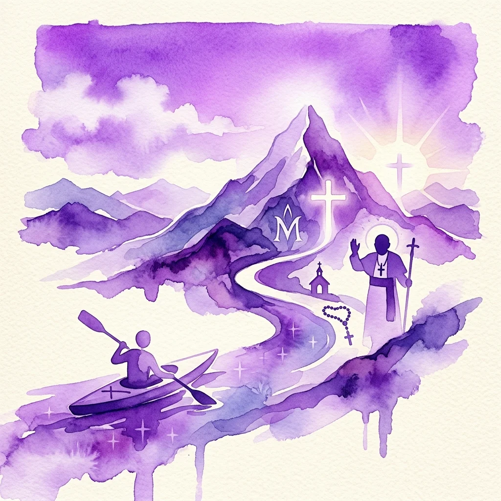 A watercolor illustration in purple tones depicting a spiritual journey with a figure in a kayak on a river, a path leading to a mountain with a cross, and a religious figure holding a staff and rosary, symbolizing Pope John Paul II's life and legacy.