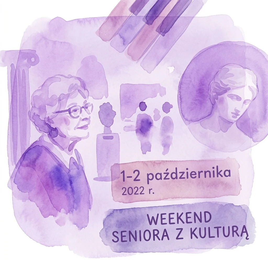 Una ilustración en acuarela para el evento 'Weekend Seniora z Kulturą' en el Museo de Deporte y Turismo, con una mujer mayor, exposiciones del museo y las fechas del evento 1-2 de octubre de 2022.